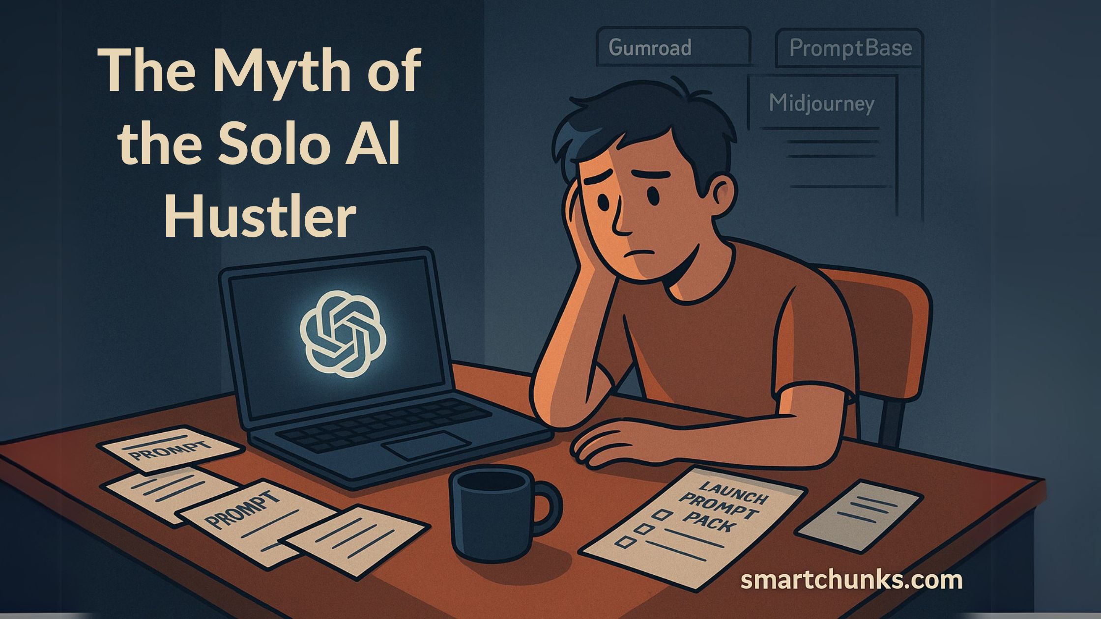 A person sits alone at a desk cluttered with AI tools — a glowing ChatGPT logo on a laptop screen, scattered prompt papers, a to-do list titled “Launch Prompt Pack,” and open browser tabs labeled “Gumroad,” “PromptBase,” and “Midjourney.” The person looks mentally drained but still hopeful. Ambient glow from the laptop, moody shadows around the room.