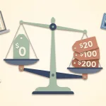 Editorial illustration on a warm cream background. Centre: a balance scale with two trays. The left tray holds a small sage-green price tag reading $0, suggesting the free option. The right tray holds a stack of three muted-terracotta price tags reading $20, $100, and $200, suggesting the paid options. The trays tilt slightly with the paid side a touch heavier. Around the scale: a small laptop showing a clean website mock with sticky top nav at top-left, a folded wireframe sketch at bottom-left, a tiny dashboard mock at top-right, a clock face showing time passing at right, a small lightning-bolt icon at bottom-right. Editorial vector style similar to Ars Technica or The Verge feature illustrations, soft drop shadows, paper-texture feel, no logos, no neon, no robots, no AI brain visuals. 16:9 ratio.