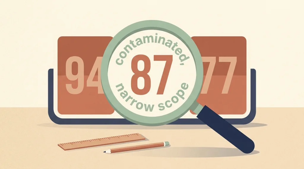 Editorial illustration on a warm cream background. Centre composition: a stylised digital scoreboard or leaderboard with three large rectangular score panels reading 94, 87, 77 in muted terracotta type. A magnifying glass hovers in front of the scoreboard, and inside the glass the same numbers are visible but with fine-print caveats peeking out in soft sage-green type, suggesting words like "saturated", "contaminated", "narrow scope". A small ruler and a pencil rest on the table next to the scoreboard, suggesting careful measurement. Editorial vector style similar to Ars Technica or The Verge feature illustrations, soft drop shadows, paper-texture feel, no logos, no neon, no robots, no AI brain visuals. 16:9 ratio.