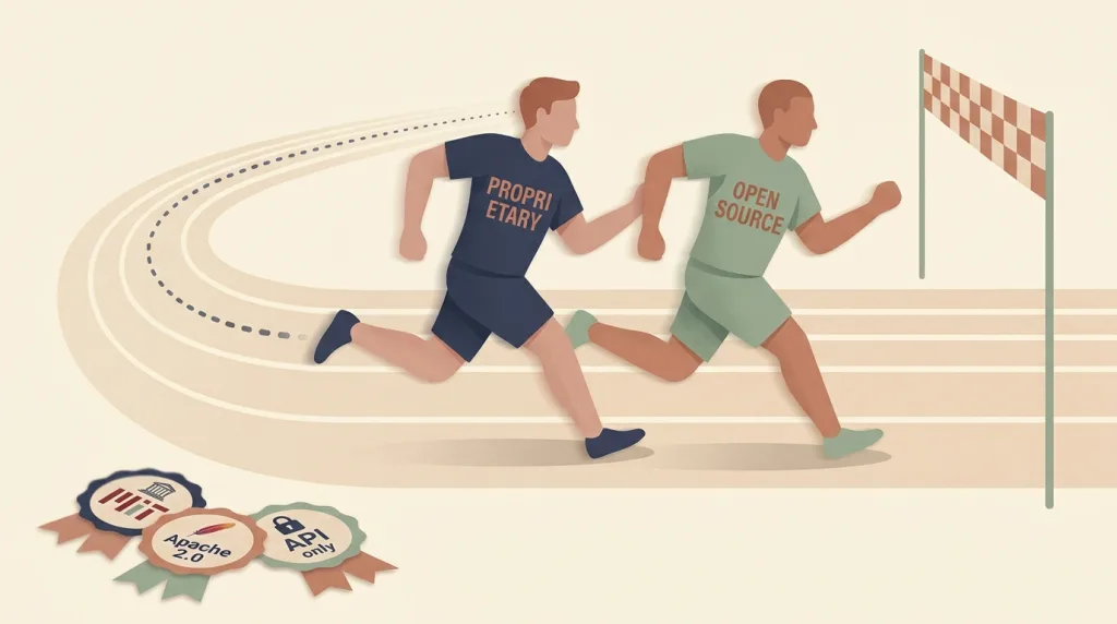Editorial illustration on a warm cream background. Two stylised runners on a track approach a finish line side by side, one in a deep navy "PROPRIETARY" jersey and one in a sage-green "OPEN SOURCE" jersey. The track has soft horizontal lane markings. A dotted trail behind them shrinks toward the finish line, suggesting the gap they have closed. A small pile of model badges or rosettes near the foreground reads short, abstract labels suggesting "MIT" and "Apache 2.0". Editorial vector style similar to Ars Technica or The Verge feature illustrations: muted terracotta, sage green, soft navy on warm cream, soft drop shadows, paper-texture feel, no logos, no neon, no robots, no AI brain visuals. 16:9 ratio.