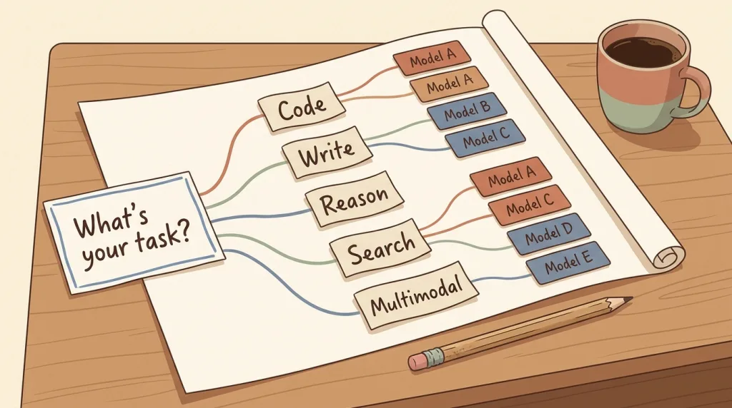 Editorial illustration on a warm cream background. Hand-drawn flowchart unfolding across a tidy desk. The chart starts with a labelled card on the left reading "What's your task?" and branches into smaller labelled cards reading short phrases like "Code", "Write", "Reason", "Search", "Multimodal". Each branch ends in a simple labelled rectangle suggesting a model recommendation. Loose hand-drawn connector lines, slightly imperfect, not corporate boxes. A pencil rests beside the chart and a muted coffee cup sits at the corner. Editorial vector style: warm terracotta, sage green, soft navy, on warm cream, soft drop shadows, paper-texture feel. No logos, no neon, no robots, no AI brain visuals, no specific brand marks. 16:9 ratio.