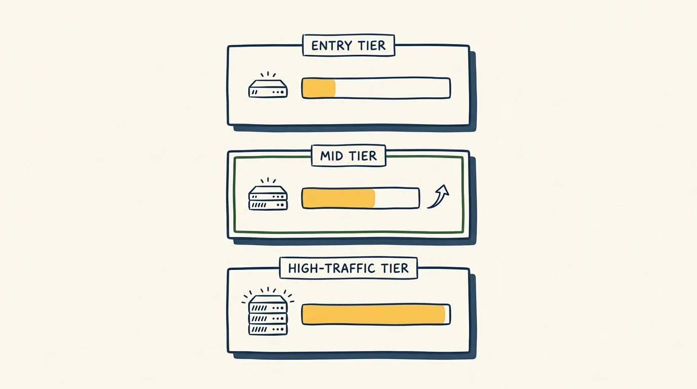 Cloudways pricing tiers infographic. Three stacked tier cards showing relative server capacity from entry to high-traffic, with the middle Mid Tier card highlighted as most popular.