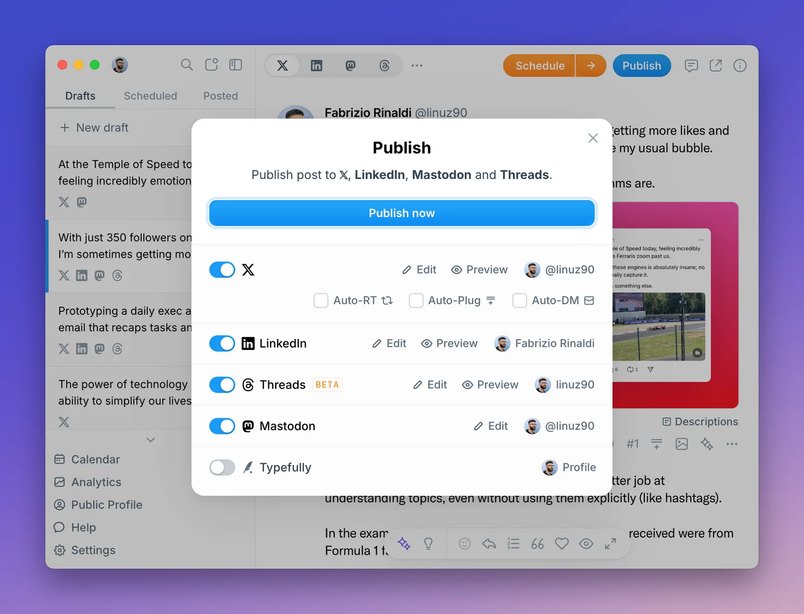 Typefully's multi-platform publishing interface showing how a single post can be distributed across X, LinkedIn, Bluesky, Threads, and Mastodon simultaneously with per-platform variant controls. The channel toggles in the upper-left of the composer let you edit each platform variant independently without altering drafts for other platforms.