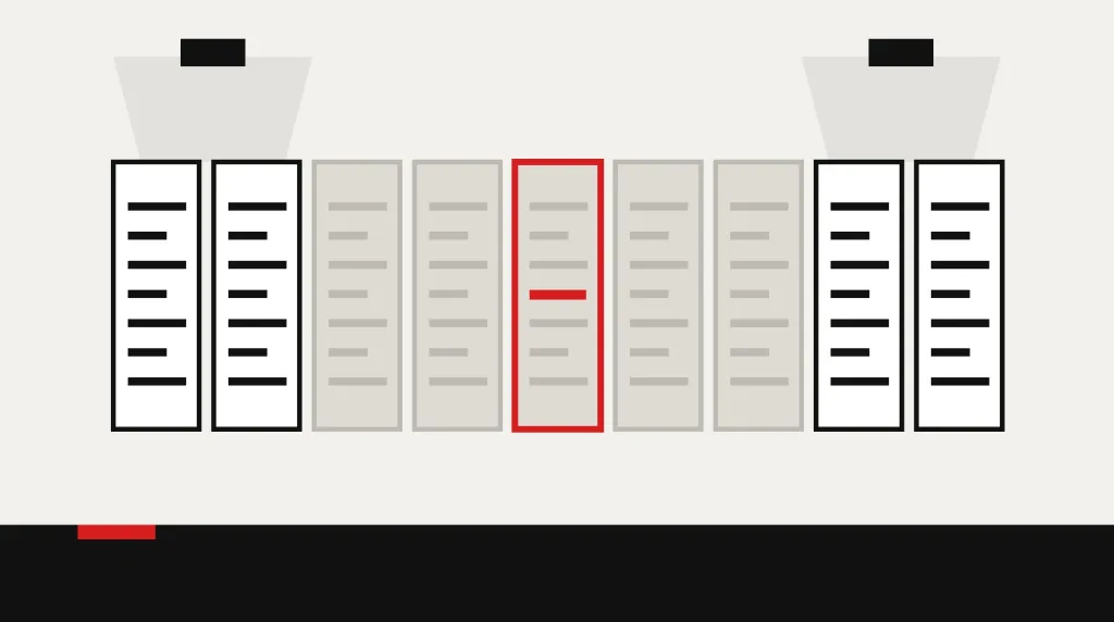 Flat illustration of nine document pages in a row, lit at both ends, with the highlighted page in the dim middle