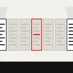 Flat illustration of nine document pages in a row, lit at both ends, with the highlighted page in the dim middle