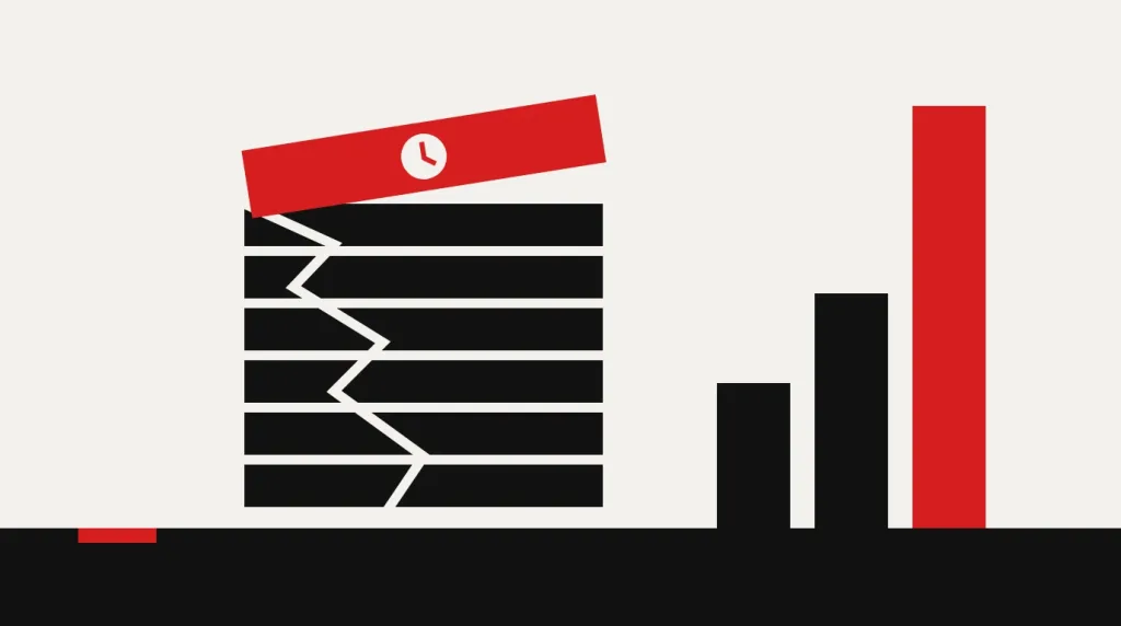 Flat illustration of a red clock block cracking a stack of black blocks beside three rising bars