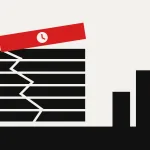 Flat illustration of a red clock block cracking a stack of black blocks beside three rising bars