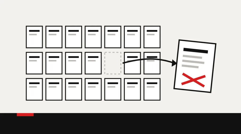 Flat illustration of a grid of document cards with one card pulled out and marked with a red cross