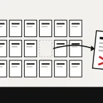 Flat illustration of a grid of document cards with one card pulled out and marked with a red cross